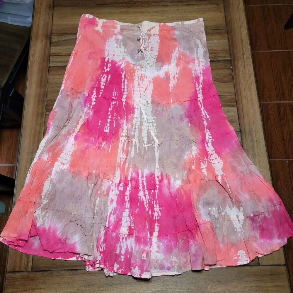 Cato Orange & Pink Tie Dye Full Length Skirt w/ Tiny Tie Bells - Size XL